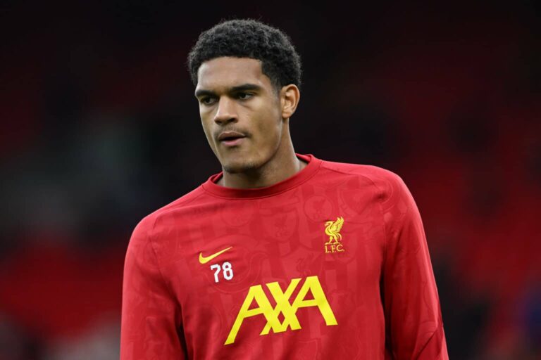 Premier League Liverpool v Brighton and Hove Albion Jarell Quansah of Liverpool warms up ahead of the Premier League mat